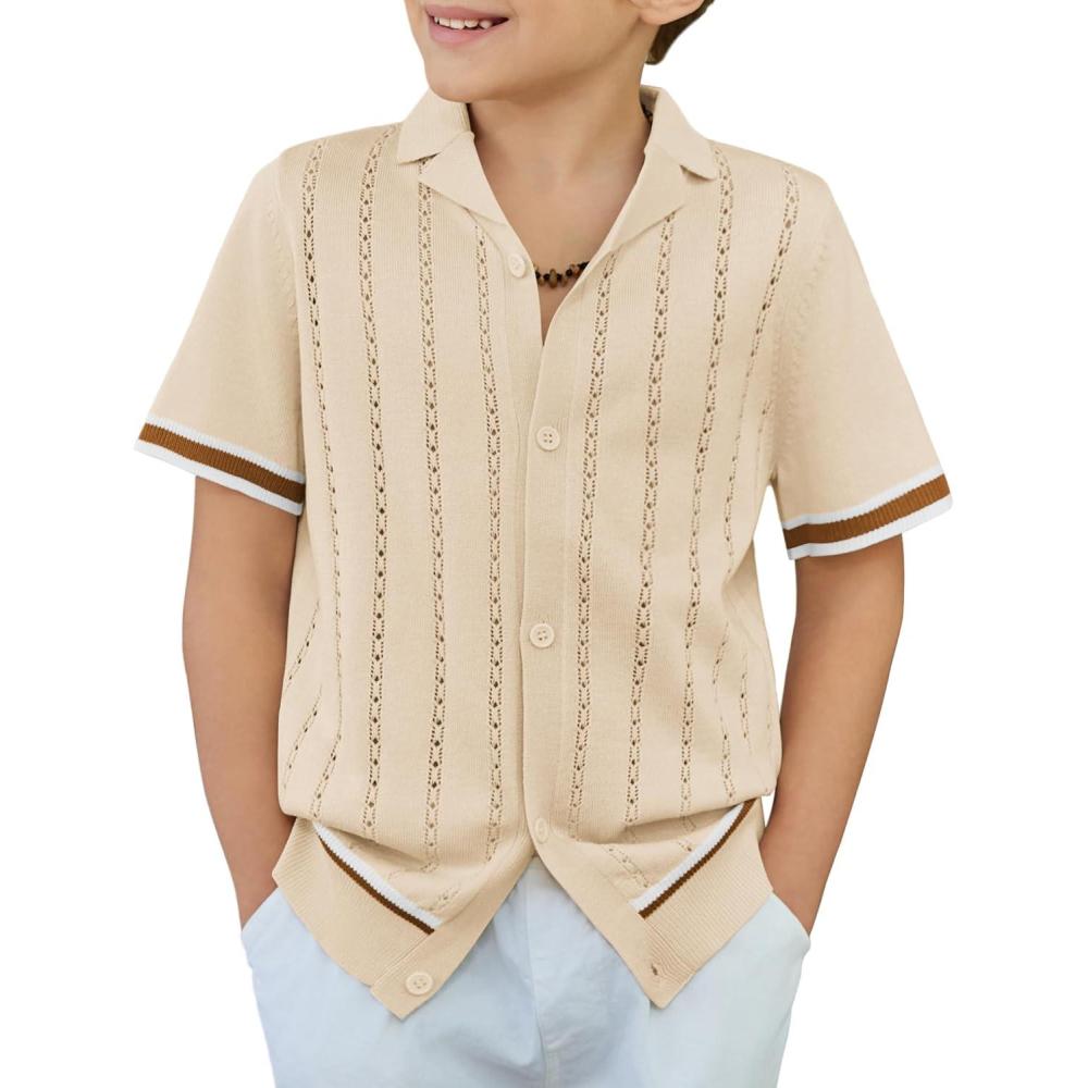 imageArshiner Boys Knit Shirts Short Sleeve Button Down Shirt Vintage Fashion Casual Summer Beach Shirts for Kids 513 YearsBeige