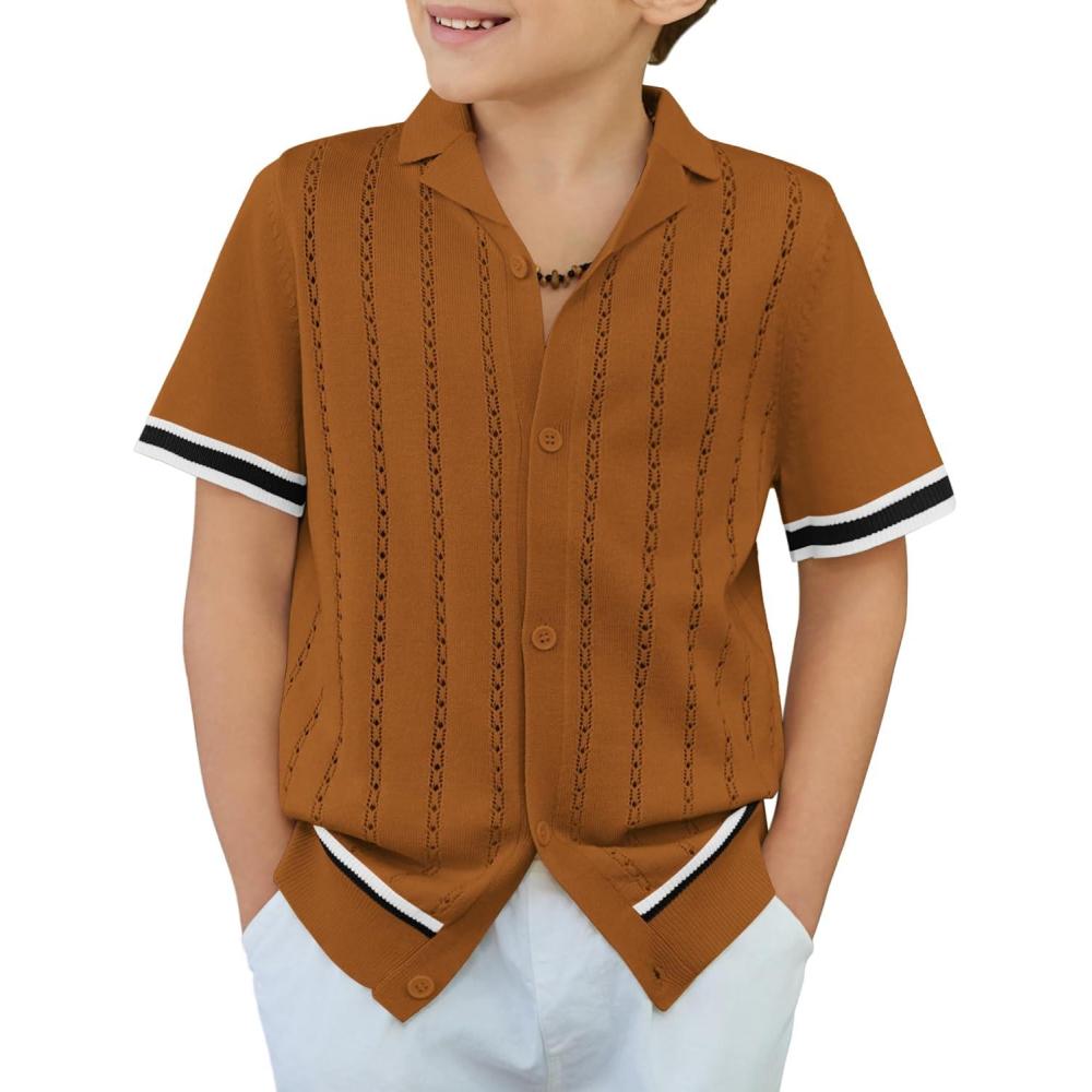 imageArshiner Boys Knit Shirts Short Sleeve Button Down Shirt Vintage Fashion Casual Summer Beach Shirts for Kids 513 YearsBrown