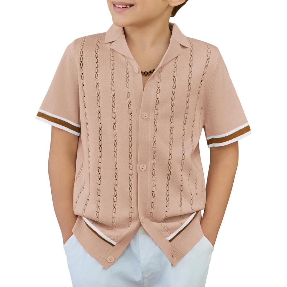 imageArshiner Boys Knit Shirts Short Sleeve Button Down Shirt Vintage Fashion Casual Summer Beach Shirts for Kids 513 YearsKhaki