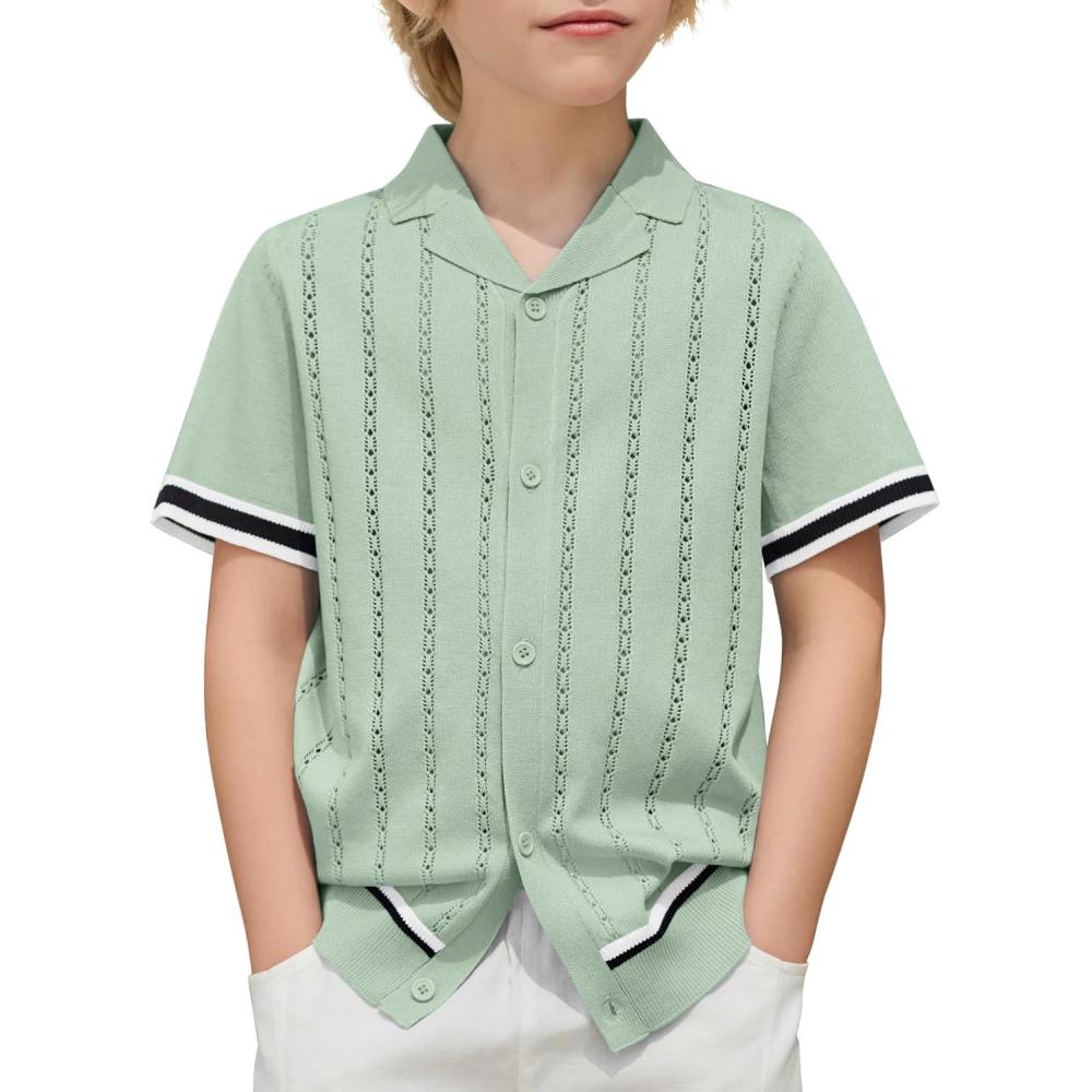 imageArshiner Boys Knit Shirts Short Sleeve Button Down Shirt Vintage Fashion Casual Summer Beach Shirts for Kids 513 YearsLight Green