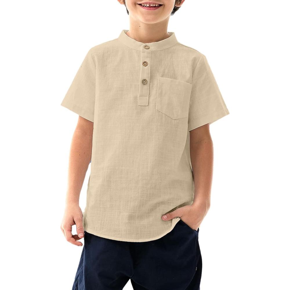 imageArshiner Boys Linen Shirt Button Down Henley Short Sleeve Casual Dress Summer Beach T Shirts Top with One PocketKhaki