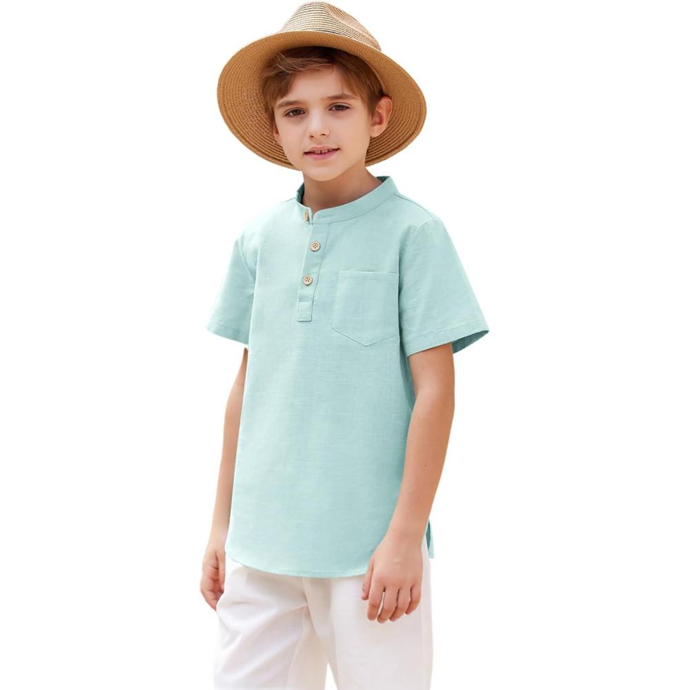 imageArshiner Boys Linen Shirt Button Down Henley Short Sleeve Casual Dress Summer Beach T Shirts Top with One PocketLight Blue