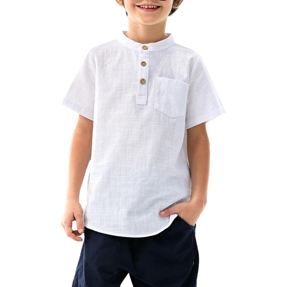 imageArshiner Boys Linen Shirt Button Down Henley Short Sleeve Casual Dress Summer Beach T Shirts Top with One PocketWhite