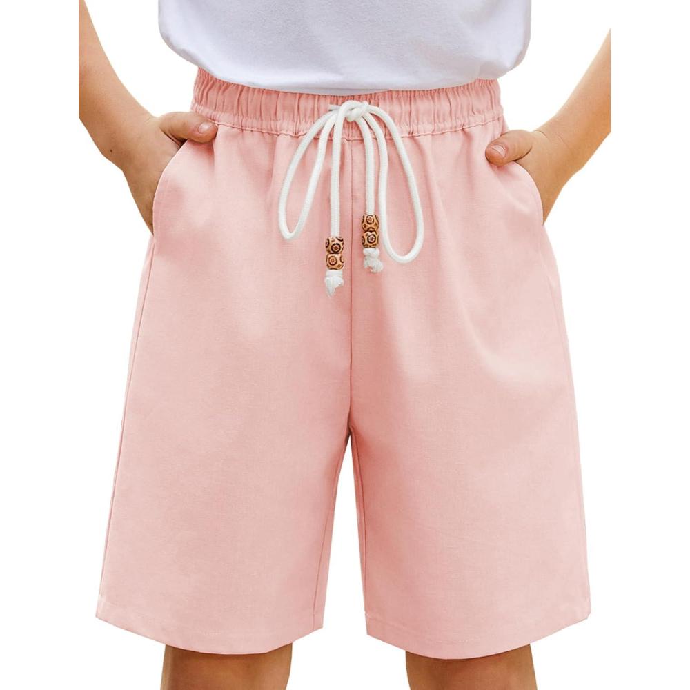 imageArshiner Boys Linen Shorts with Elastic Waist Breathable Summer Beach Shorts for Kids 513 YearsLight Pink
