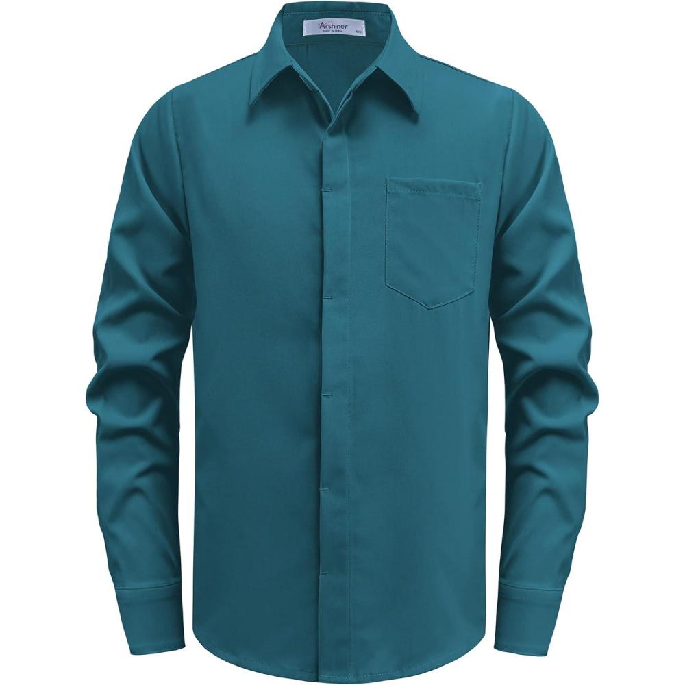 imageArshiner Boys Long Sleeve Dress Shirt Solid Button Down Shirts School Formal Uniform Shirts with Pocket for 512 YearsDark Blue
