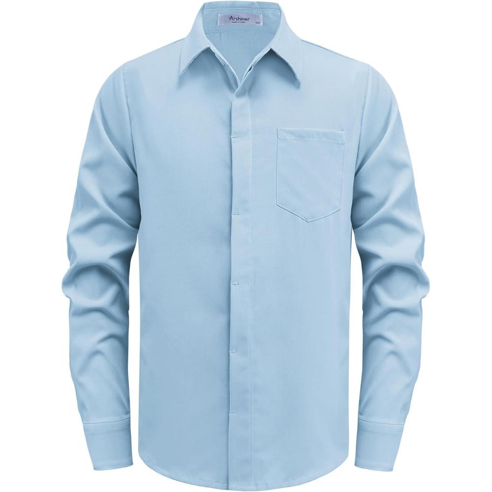 imageArshiner Boys Long Sleeve Dress Shirt Solid Button Down Shirts School Formal Uniform Shirts with Pocket for 512 YearsLight Blue