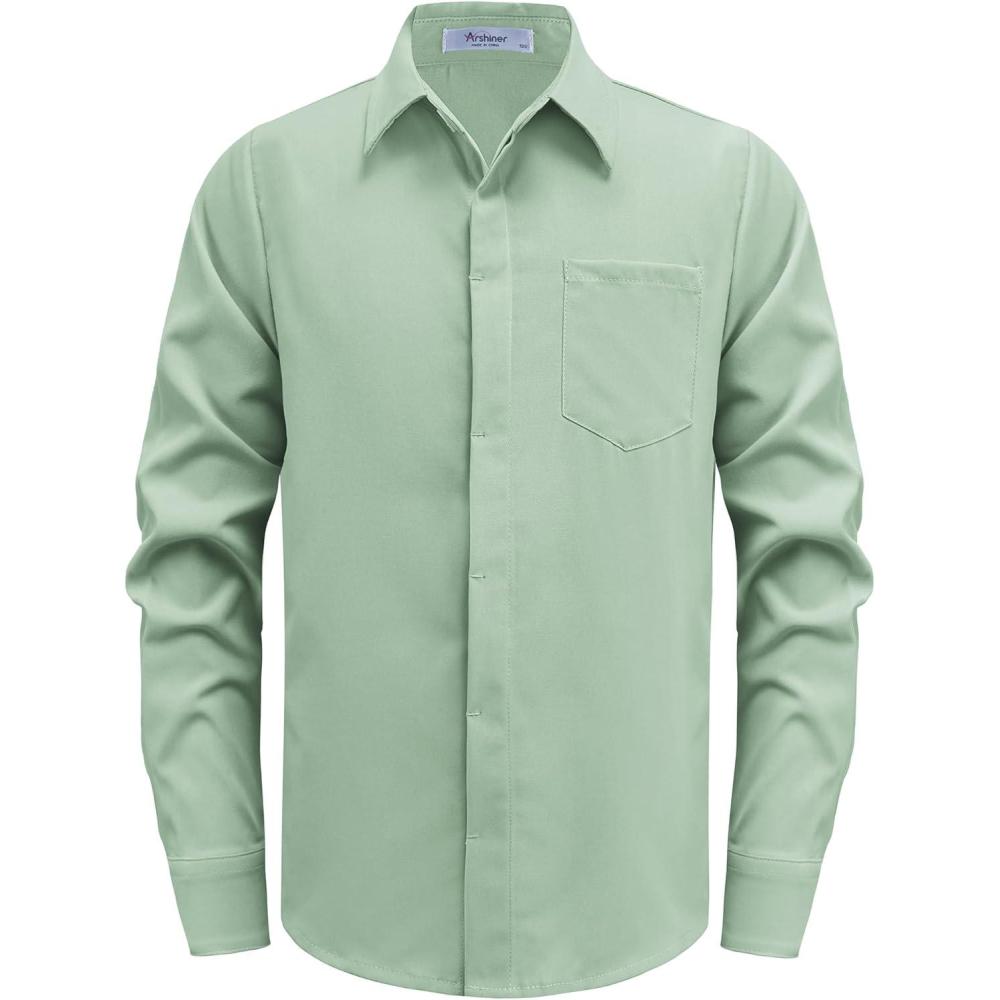 imageArshiner Boys Long Sleeve Dress Shirt Solid Button Down Shirts School Formal Uniform Shirts with Pocket for 512 YearsLight Green