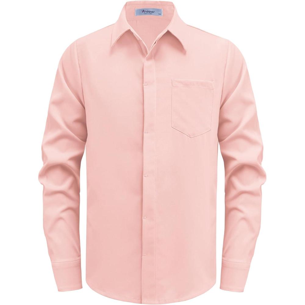 imageArshiner Boys Long Sleeve Dress Shirt Solid Button Down Shirts School Formal Uniform Shirts with Pocket for 512 YearsLight Pink