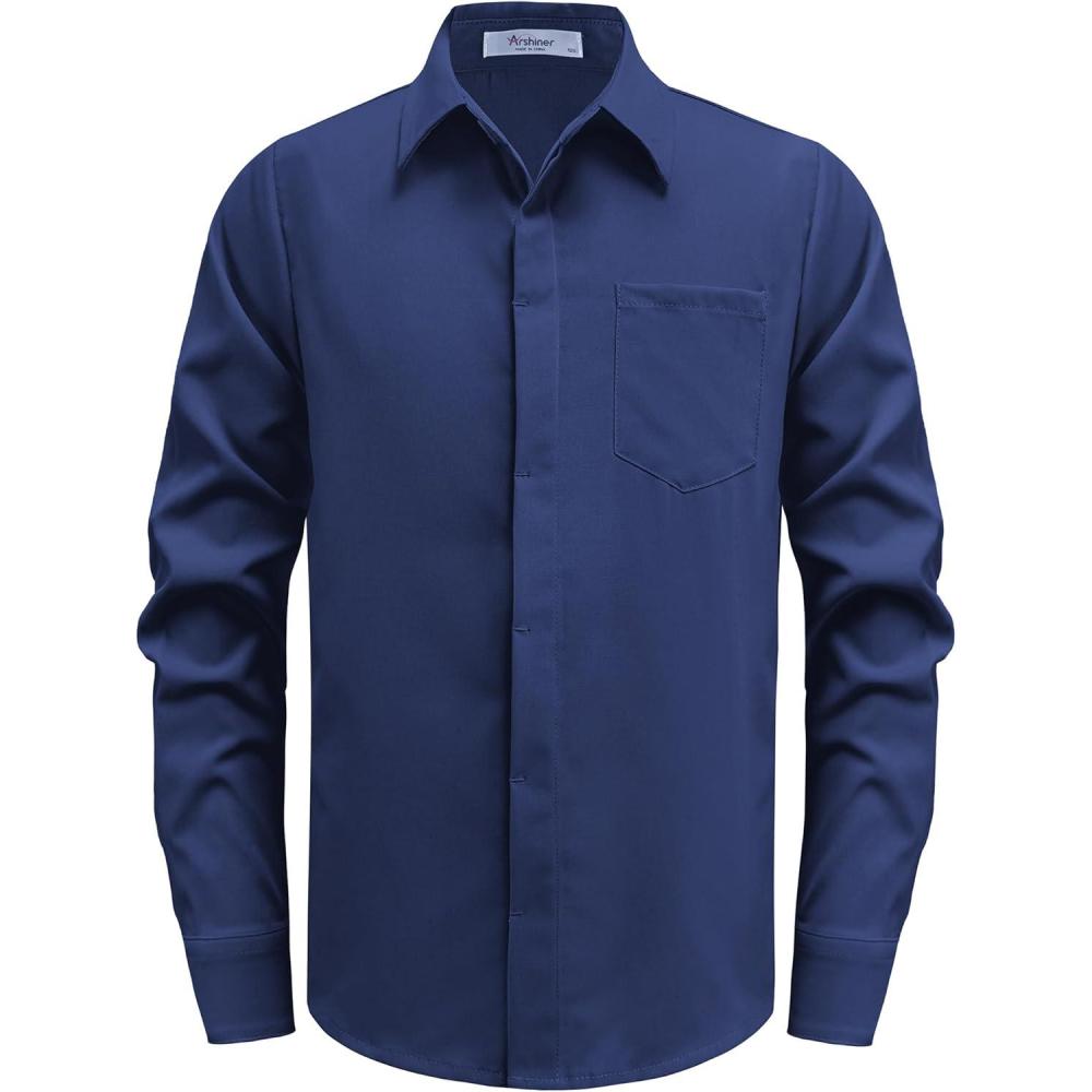 imageArshiner Boys Long Sleeve Dress Shirt Solid Button Down Shirts School Formal Uniform Shirts with Pocket for 512 YearsNavy Blue