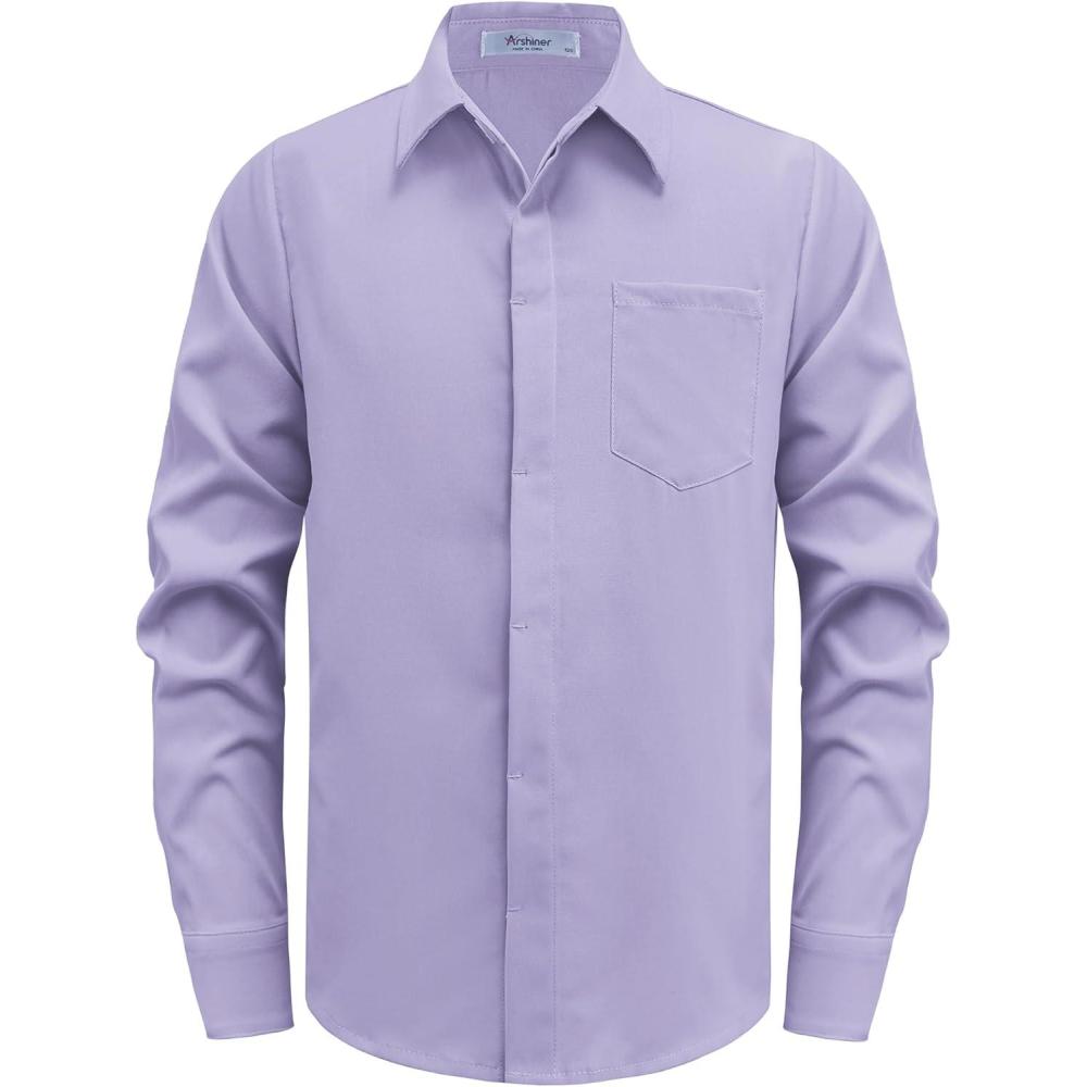 imageArshiner Boys Long Sleeve Dress Shirt Solid Button Down Shirts School Formal Uniform Shirts with Pocket for 512 YearsPurple