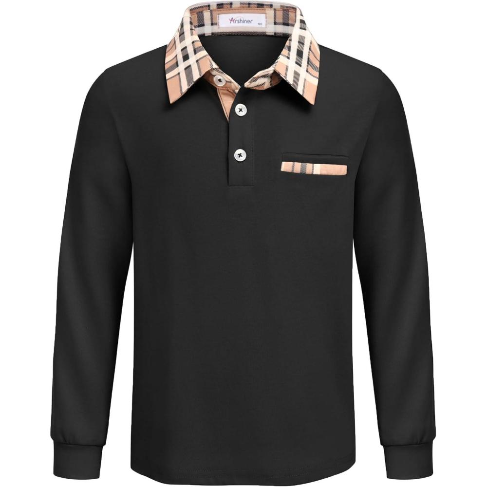 imageArshiner Boys Long Sleeve Plaid Trim Polo Shirt School Uniform Shirt with Pocket for 412 YearsAblack