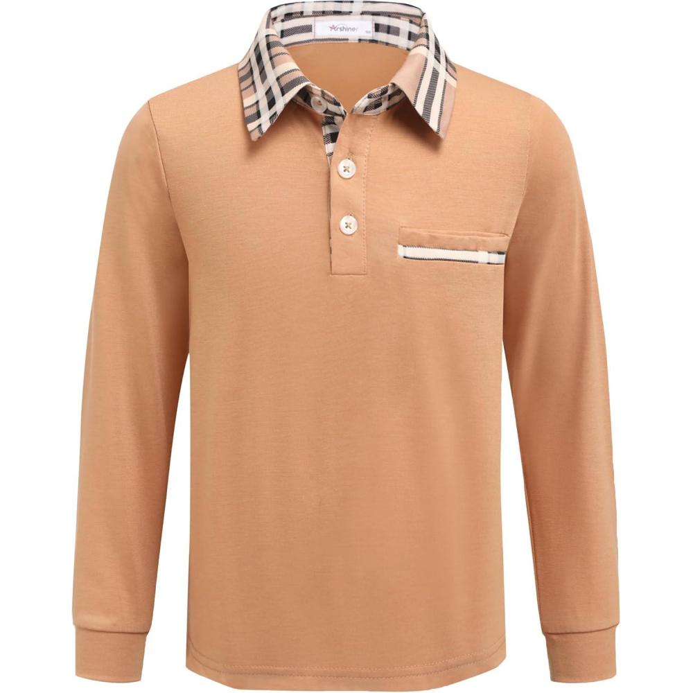 imageArshiner Boys Long Sleeve Plaid Trim Polo Shirt School Uniform Shirt with Pocket for 412 YearsAkhaki