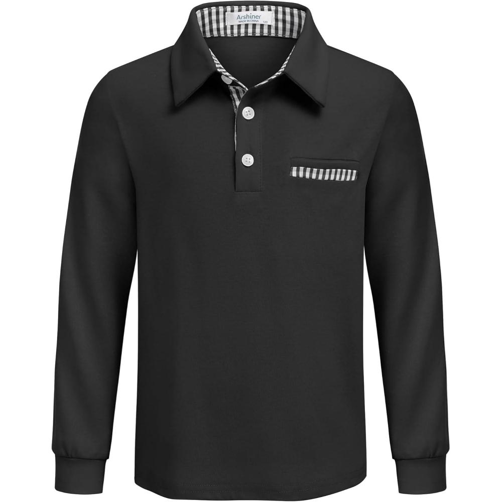 imageArshiner Boys Long Sleeve Plaid Trim Polo Shirt School Uniform Shirt with Pocket for 412 YearsBlack