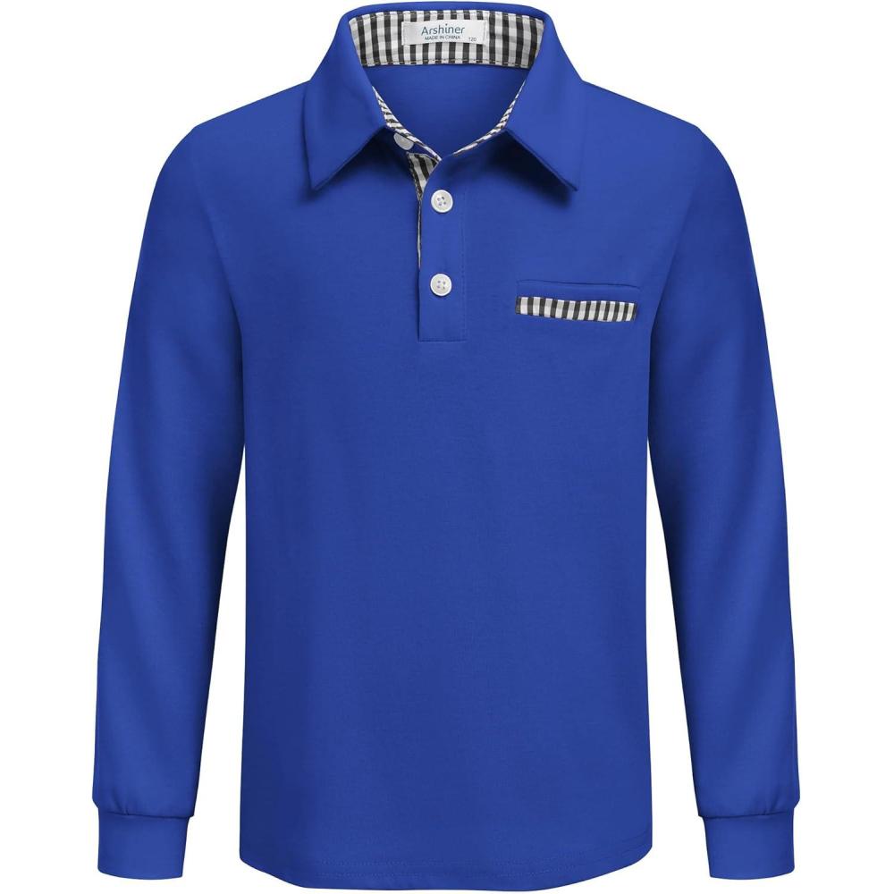 imageArshiner Boys Long Sleeve Plaid Trim Polo Shirt School Uniform Shirt with Pocket for 412 YearsBlue