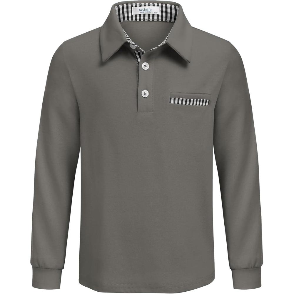 imageArshiner Boys Long Sleeve Plaid Trim Polo Shirt School Uniform Shirt with Pocket for 412 YearsDark Grey