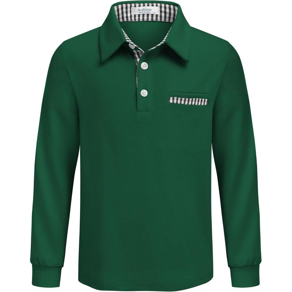 imageArshiner Boys Long Sleeve Plaid Trim Polo Shirt School Uniform Shirt with Pocket for 412 YearsGreen