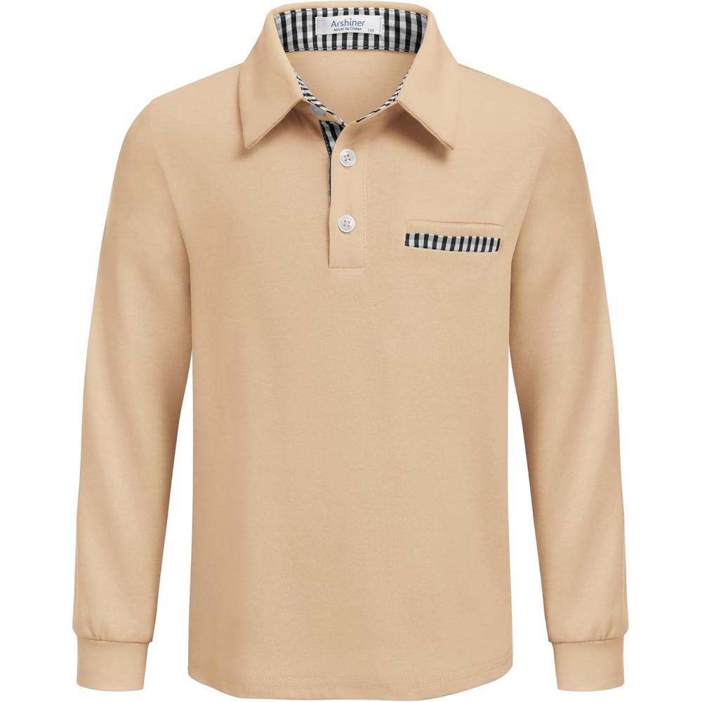 imageArshiner Boys Long Sleeve Plaid Trim Polo Shirt School Uniform Shirt with Pocket for 412 YearsKhaki