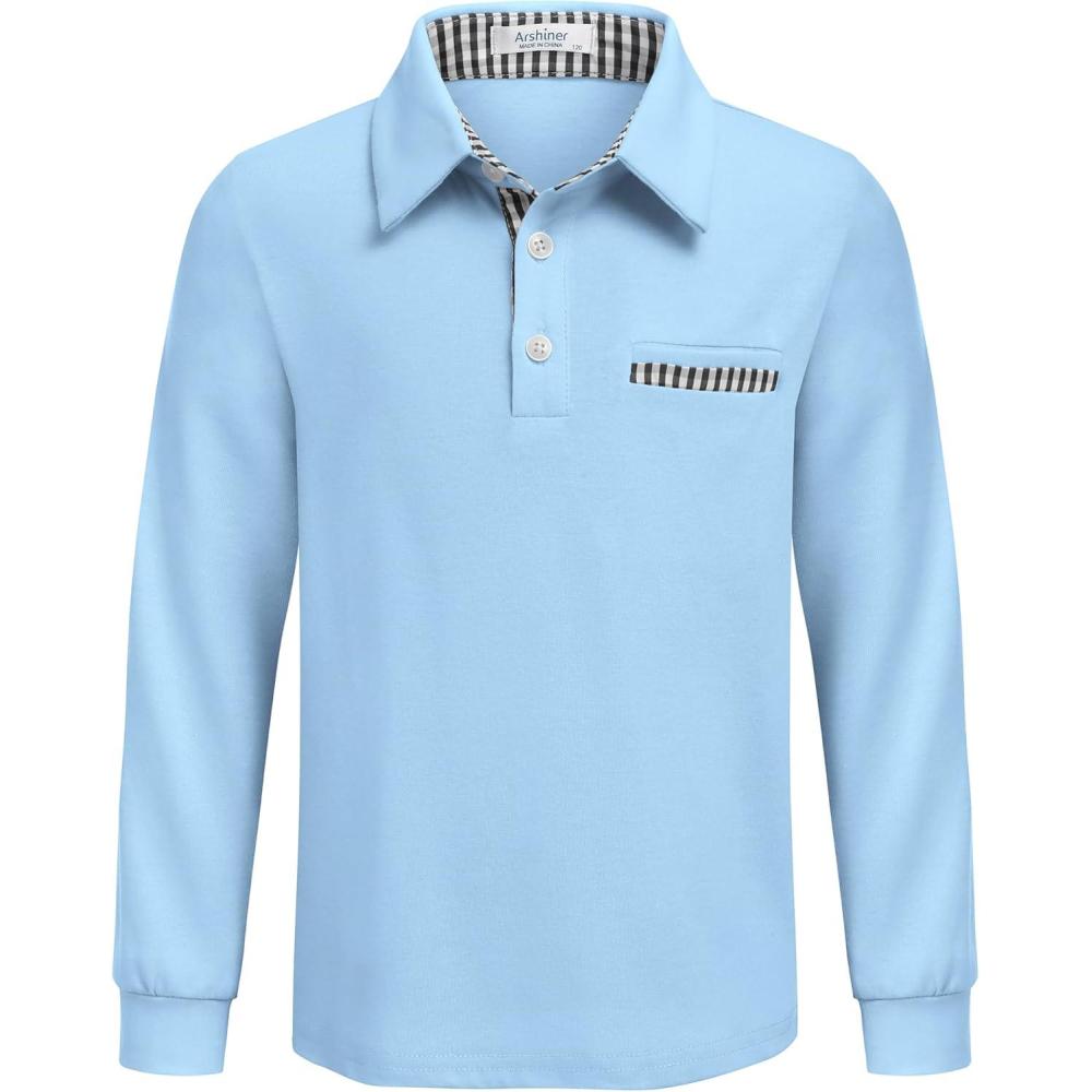 imageArshiner Boys Long Sleeve Plaid Trim Polo Shirt School Uniform Shirt with Pocket for 412 YearsLight Blue