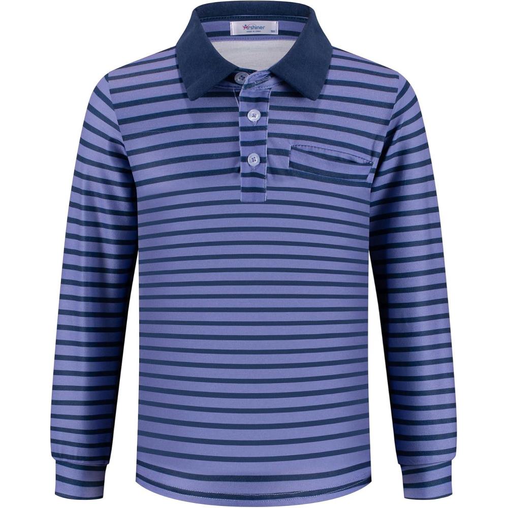 imageArshiner Boys Long Sleeve Plaid Trim Polo Shirt School Uniform Shirt with Pocket for 412 YearsNavy Striped