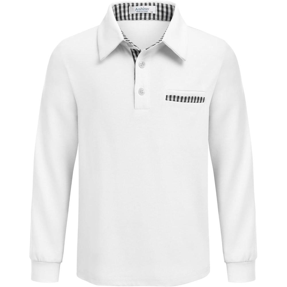 imageArshiner Boys Long Sleeve Plaid Trim Polo Shirt School Uniform Shirt with Pocket for 412 YearsWhite