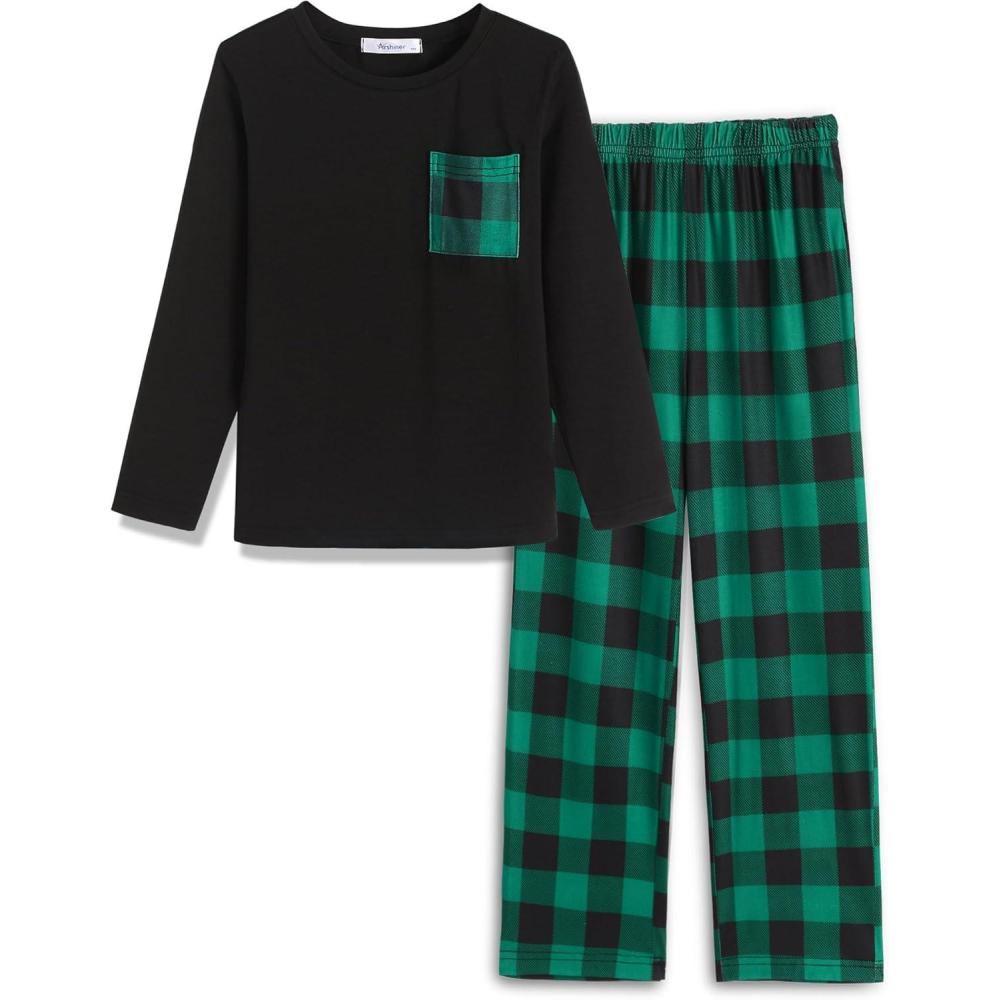 imageArshiner Boys Loosefit Pajamas Long Sleeve Top and Pants 2 Piece Pajama Set for Big Boys 513 YearsGreen Plaid