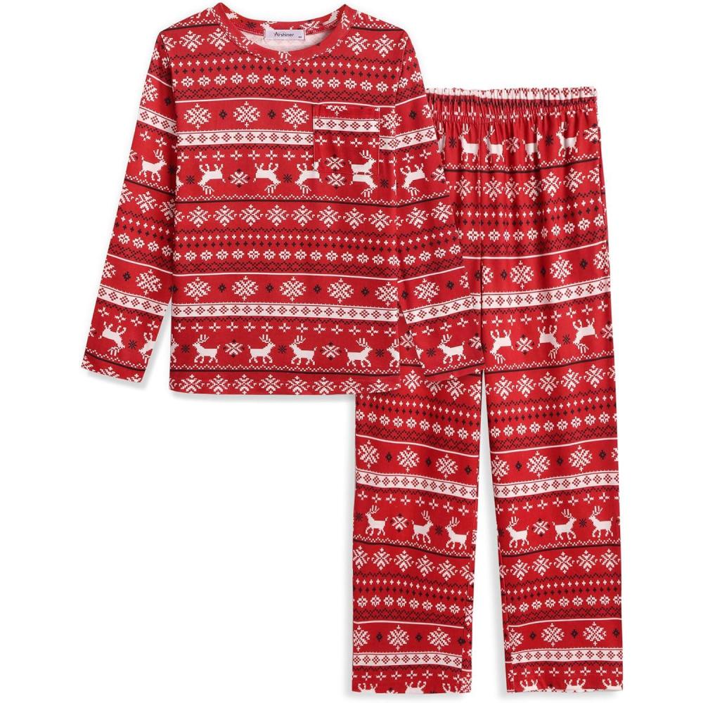 imageArshiner Boys Loosefit Pajamas Long Sleeve Top and Pants 2 Piece Pajama Set for Big Boys 513 YearsRed Deer