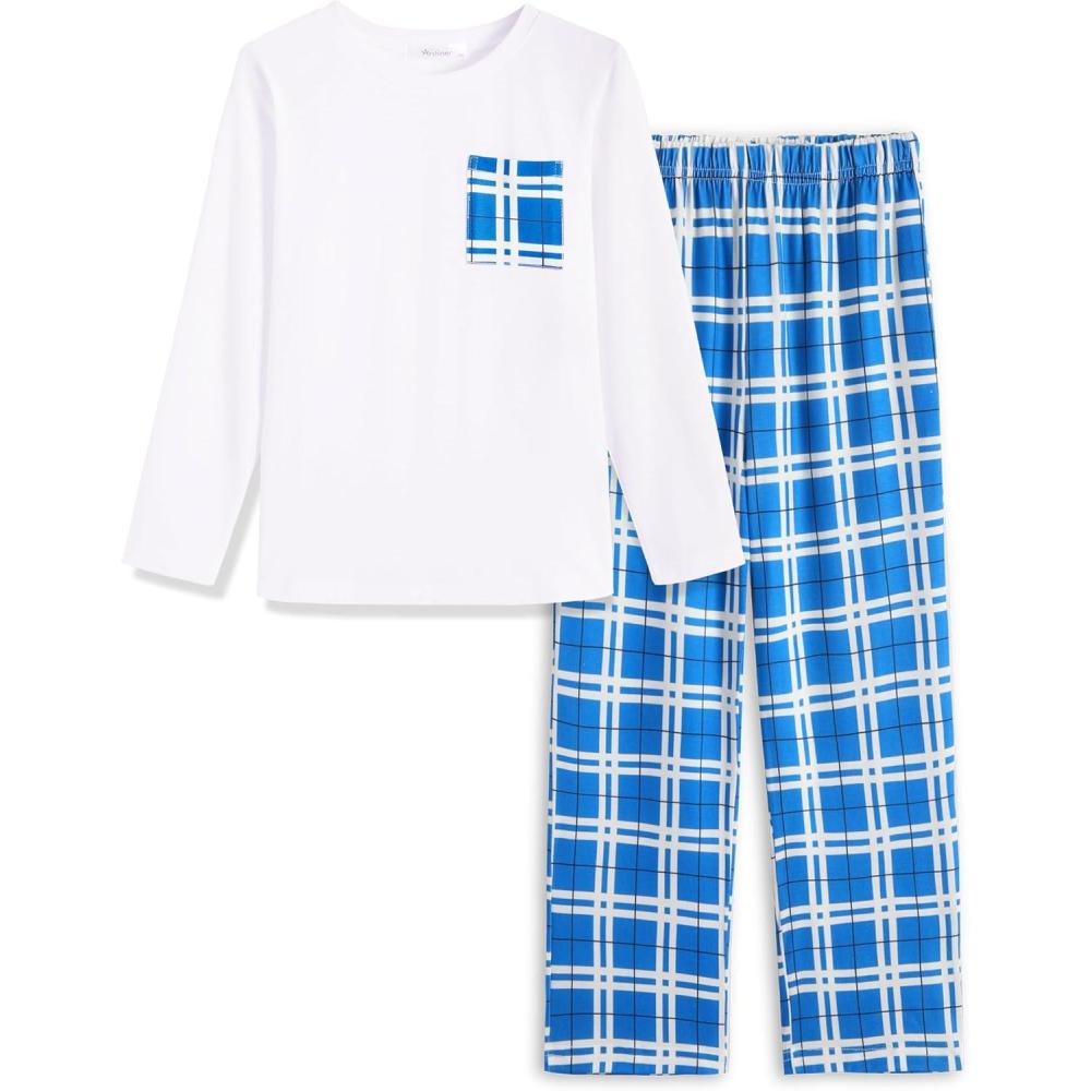 imageArshiner Boys Loosefit Pajamas Long Sleeve Top and Pants 2 Piece Pajama Set for Big Boys 513 YearsWhite Blue Plaid