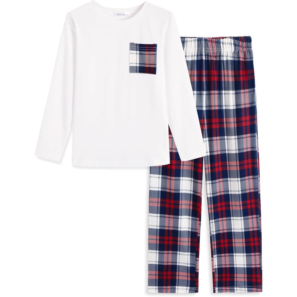 imageArshiner Boys Loosefit Pajamas Long Sleeve Top and Pants 2 Piece Pajama Set for Big Boys 513 YearsWhite Red Plaid