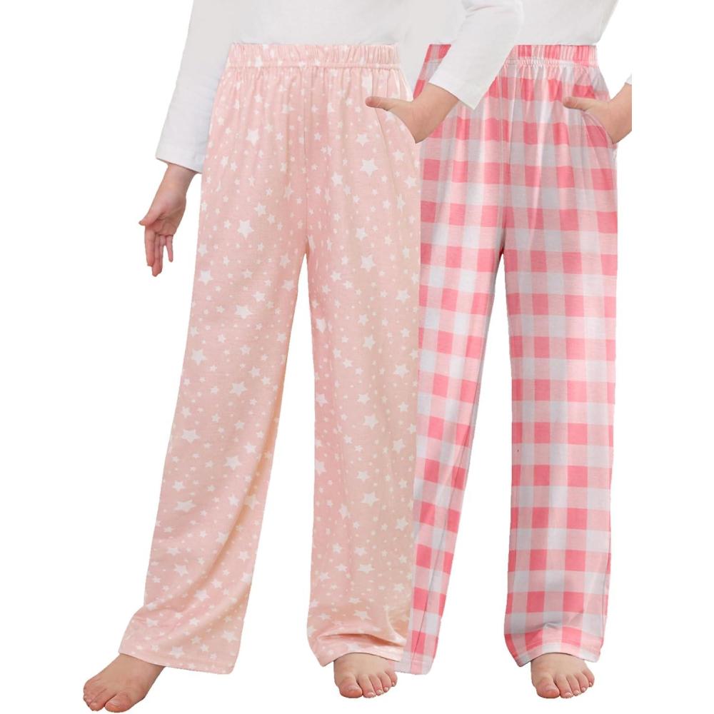 imageArshiner Boys Pajama Pants 2 Pack Soft Plaid Sleepwear Kids Lounge PJ Bottoms with PocketsPink Plaidpink Star