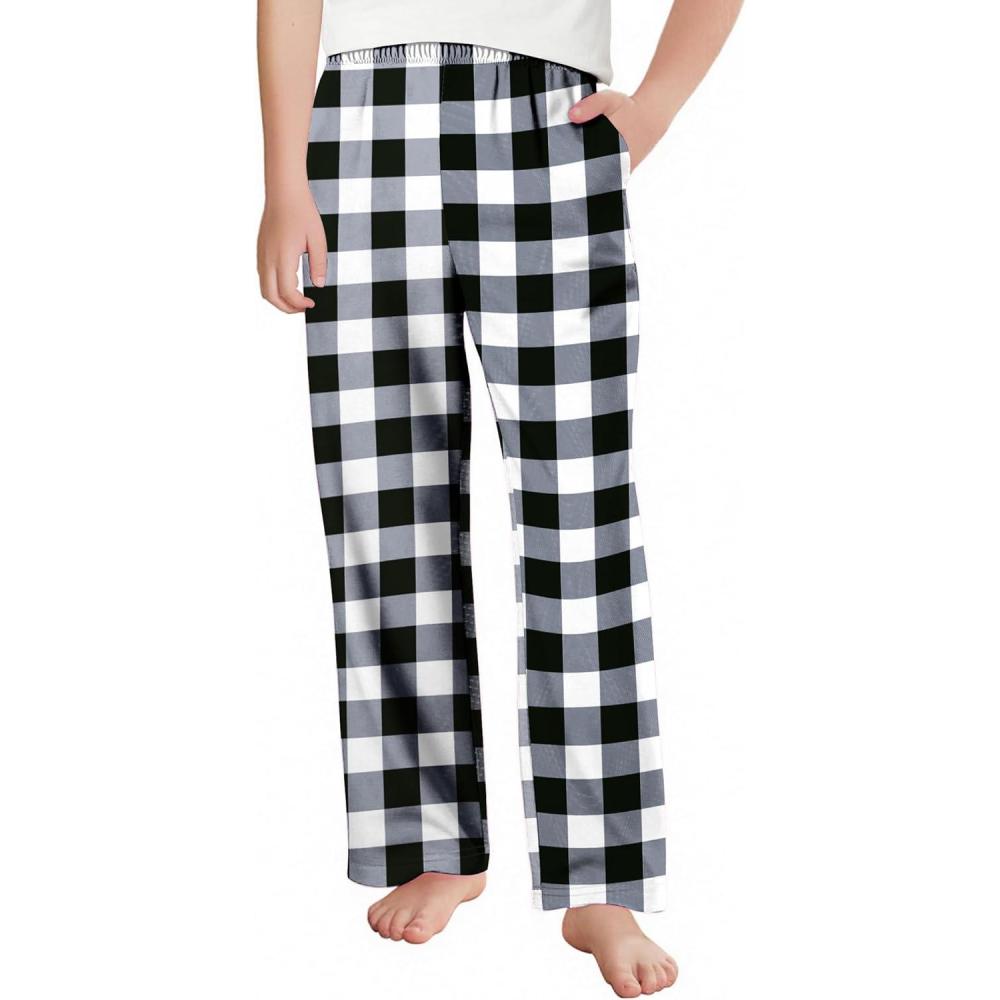imageArshiner Boys Pajama Pants Long Sleep Plaid Pants Soft Lounge Pj Bottoms with PocketsBlack White Plaid