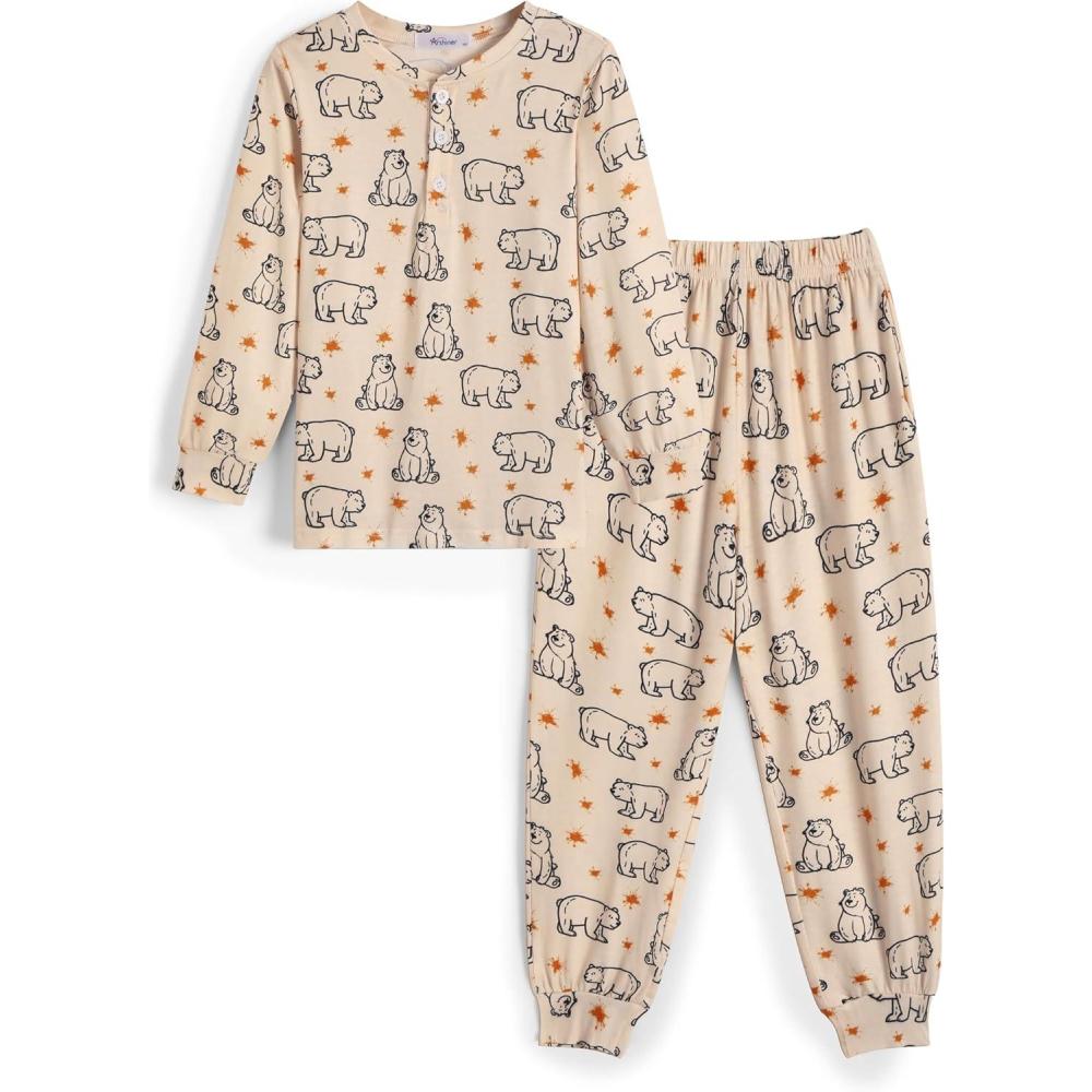 imageArshiner Boys Pajamas Long Sleeve Henley Top and Pants Boys 2 Piece Pajama Set Sleepwear for 614 YearsBear