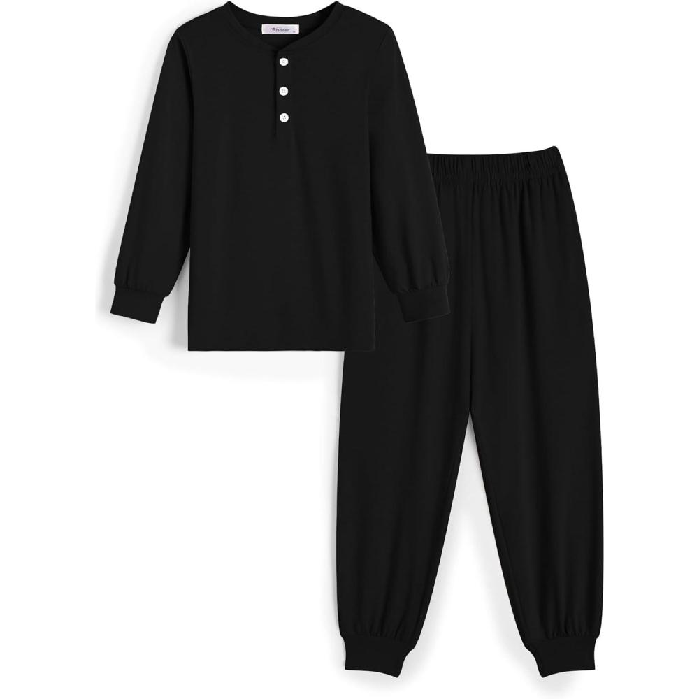 imageArshiner Boys Pajamas Long Sleeve Henley Top and Pants Boys 2 Piece Pajama Set Sleepwear for 614 YearsBlack