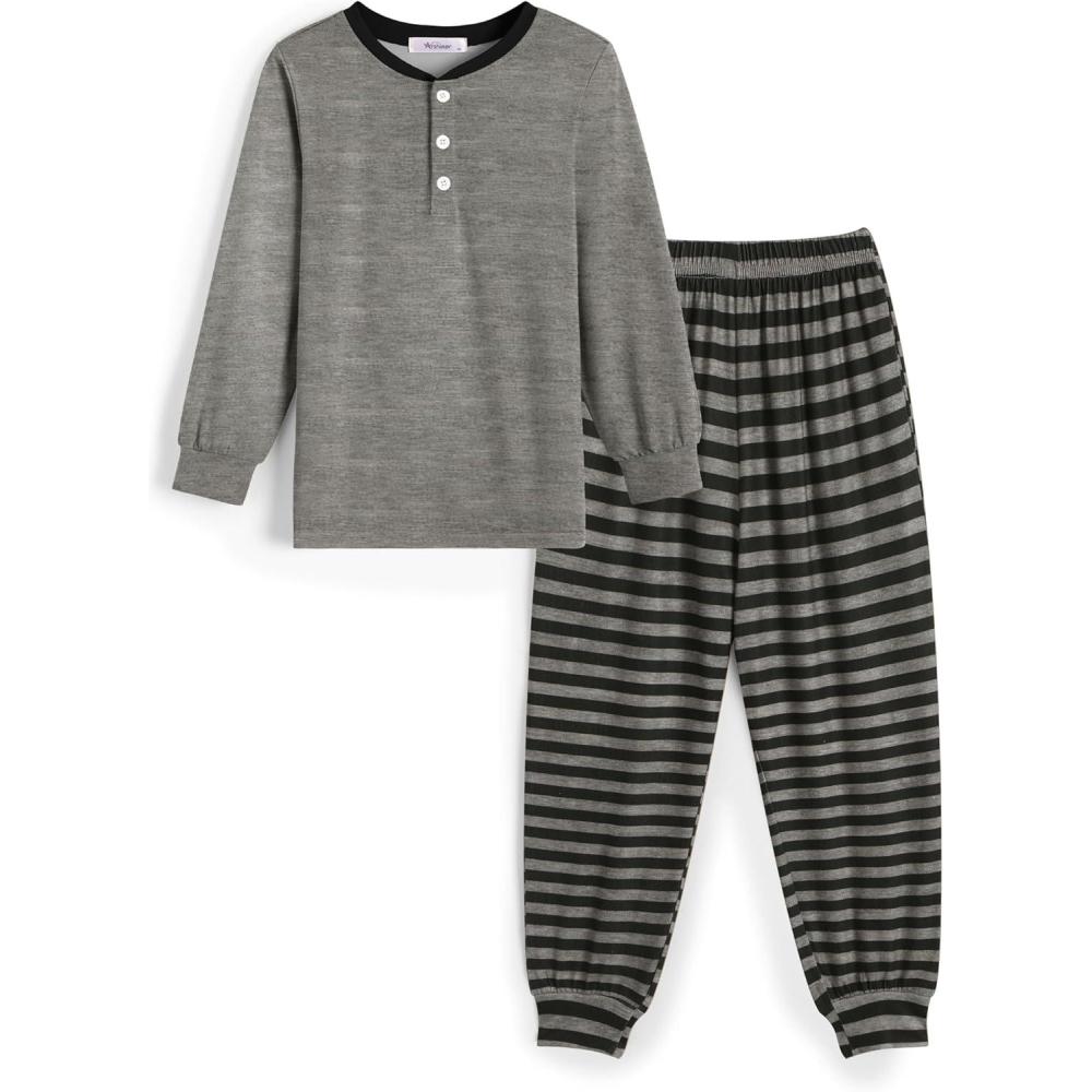 imageArshiner Boys Pajamas Long Sleeve Henley Top and Pants Boys 2 Piece Pajama Set Sleepwear for 614 YearsGrey