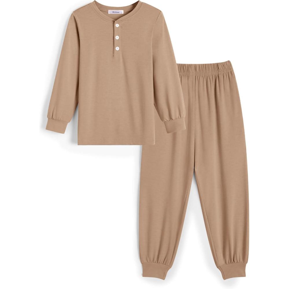 imageArshiner Boys Pajamas Long Sleeve Henley Top and Pants Boys 2 Piece Pajama Set Sleepwear for 614 YearsKhaki