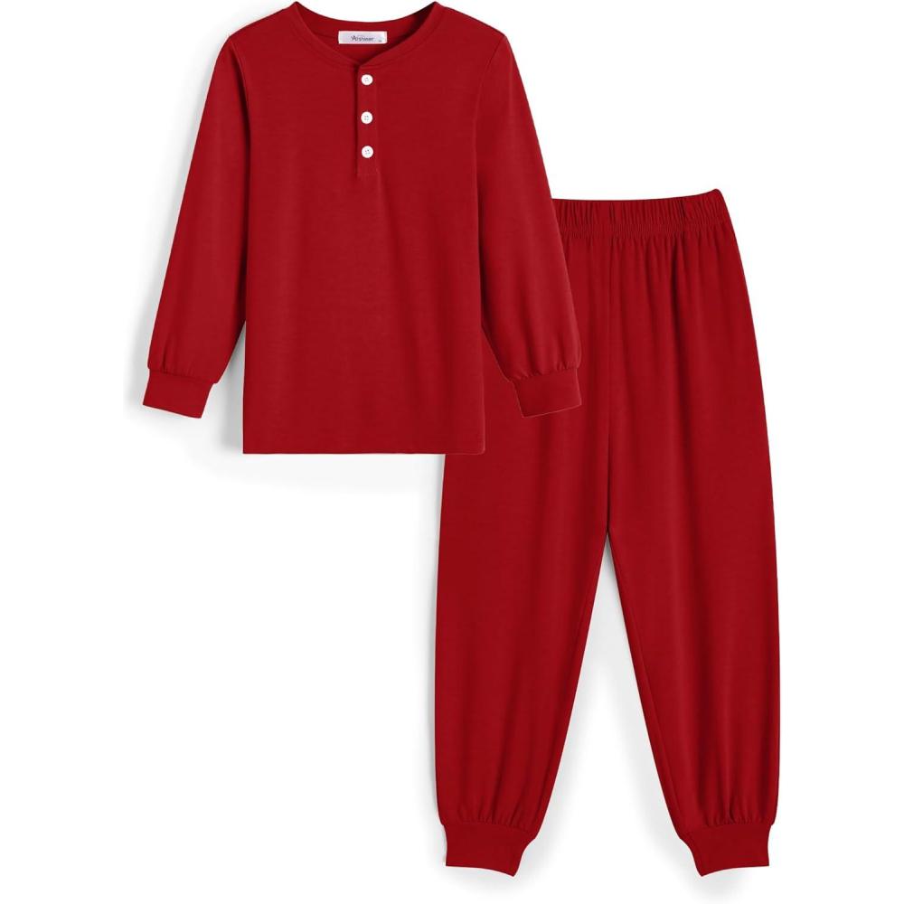 imageArshiner Boys Pajamas Long Sleeve Henley Top and Pants Boys 2 Piece Pajama Set Sleepwear for 614 YearsRed
