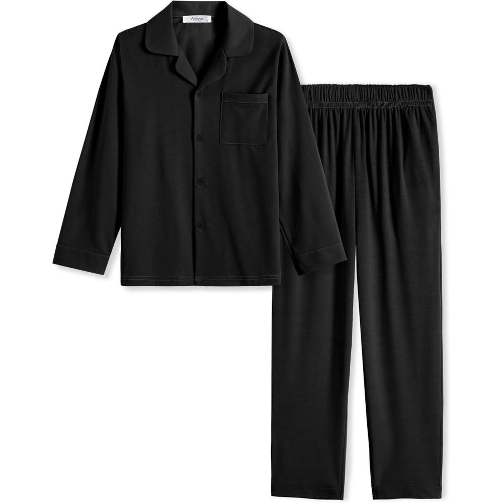 imageArshiner Boys Pajamas Set Long Sleeve ButtonDown Sleepwear 2 Piece Pjs Set for Boys 513 YearsBlack