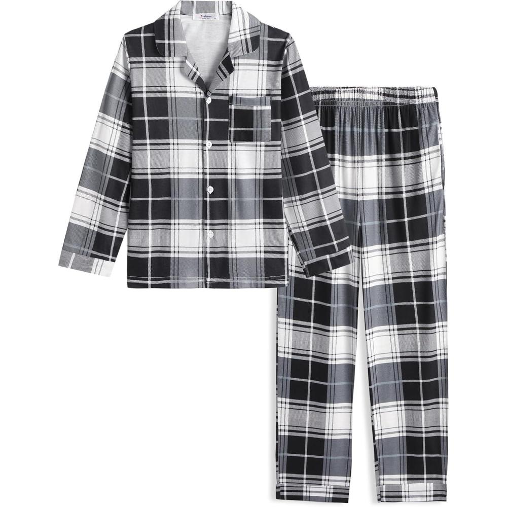 imageArshiner Boys Pajamas Set Long Sleeve ButtonDown Sleepwear 2 Piece Pjs Set for Boys 513 YearsBlack Plaid