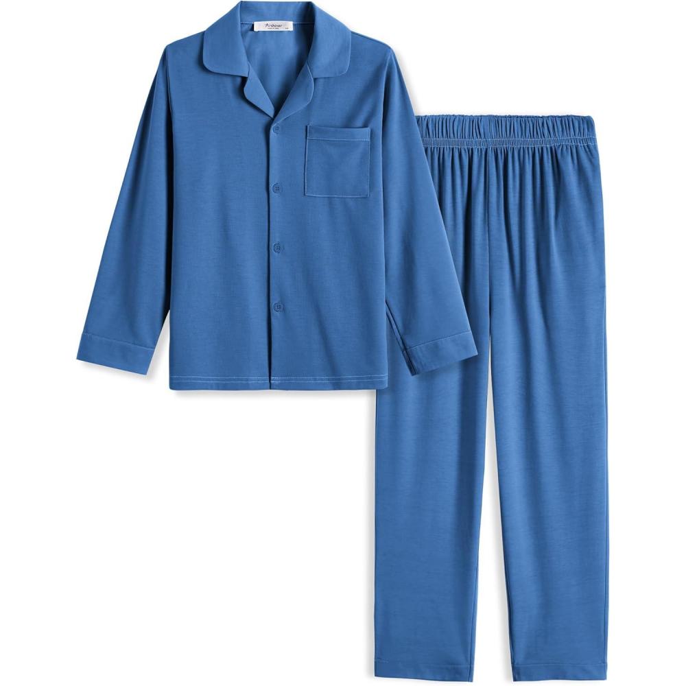 imageArshiner Boys Pajamas Set Long Sleeve ButtonDown Sleepwear 2 Piece Pjs Set for Boys 513 YearsBlue