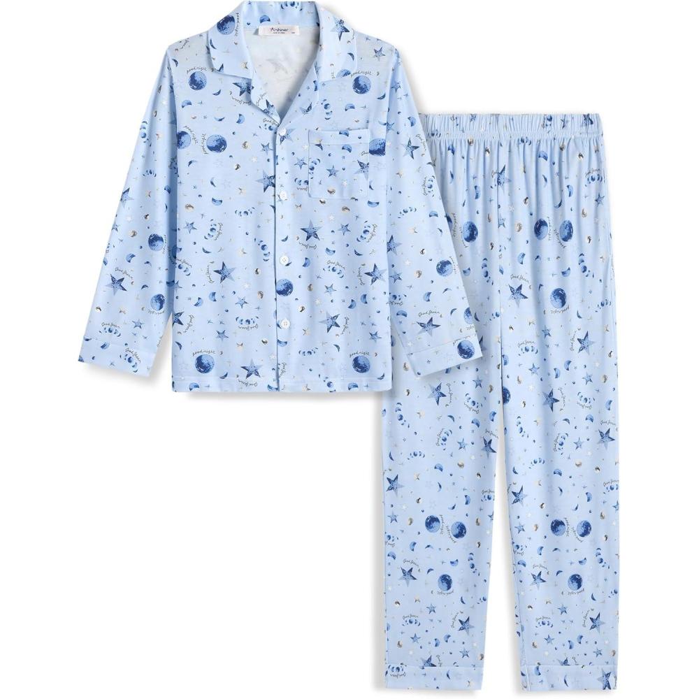 imageArshiner Boys Pajamas Set Long Sleeve ButtonDown Sleepwear 2 Piece Pjs Set for Boys 513 YearsBlue Moon