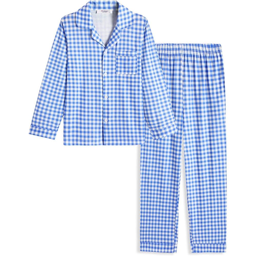 imageArshiner Boys Pajamas Set Long Sleeve ButtonDown Sleepwear 2 Piece Pjs Set for Boys 513 YearsBlue Plaid