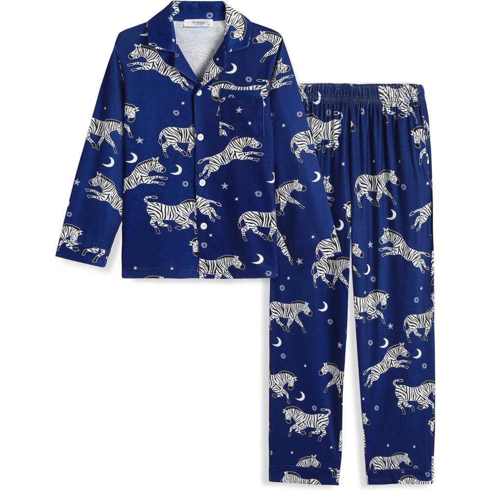 imageArshiner Boys Pajamas Set Long Sleeve ButtonDown Sleepwear 2 Piece Pjs Set for Boys 513 YearsBlue Zebra