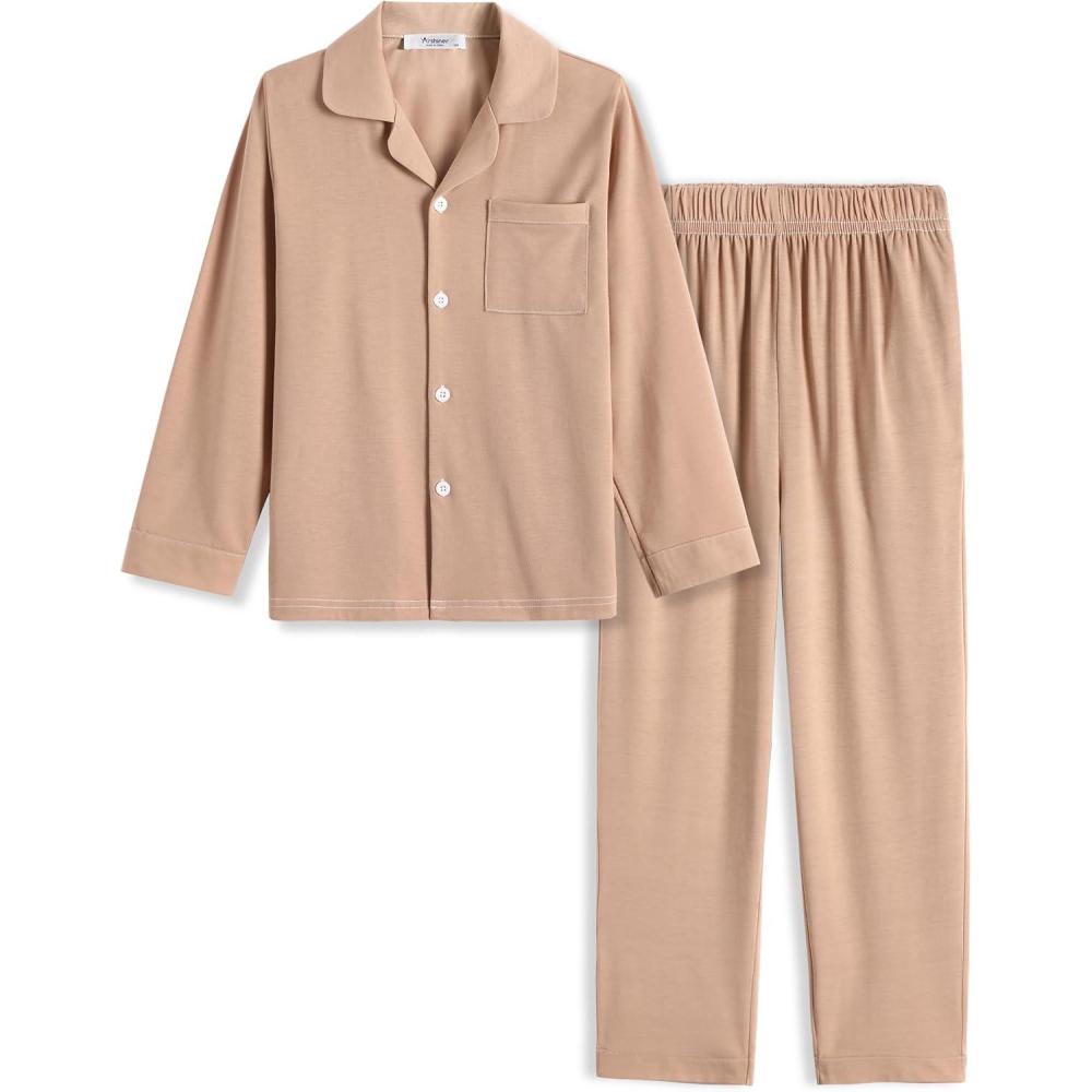 imageArshiner Boys Pajamas Set Long Sleeve ButtonDown Sleepwear 2 Piece Pjs Set for Boys 513 YearsChampagne
