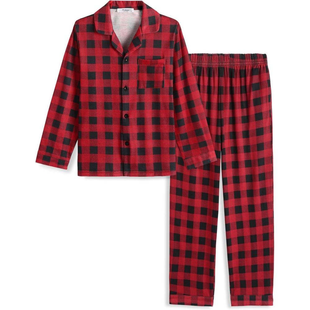 imageArshiner Boys Pajamas Set Long Sleeve ButtonDown Sleepwear 2 Piece Pjs Set for Boys 513 YearsRed Plaid