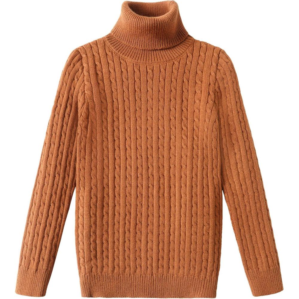 imageArshiner Boys Ribbed Turtleneck Cable Knitted Sweater Slim Fit Pullover Sweater for Kids 413 YearsCable Knitlight Brown