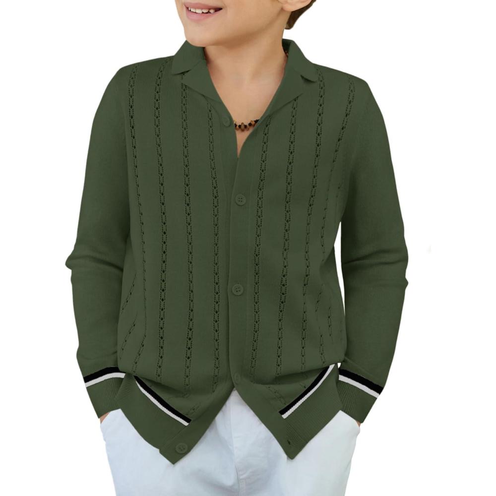 imageArshiner Boys School Cardigan Sweater Long Sleeve Button Down Knit Shirts Fall Casual Vintage Shirt for Kids 513 YearsArmy Green