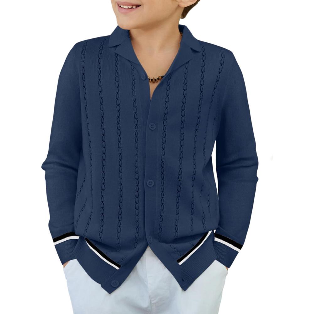 imageArshiner Boys School Cardigan Sweater Long Sleeve Button Down Knit Shirts Fall Casual Vintage Shirt for Kids 513 YearsNavy Blue