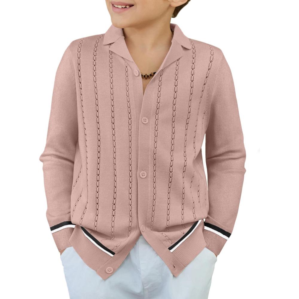 imageArshiner Boys School Cardigan Sweater Long Sleeve Button Down Knit Shirts Fall Casual Vintage Shirt for Kids 513 YearsPink