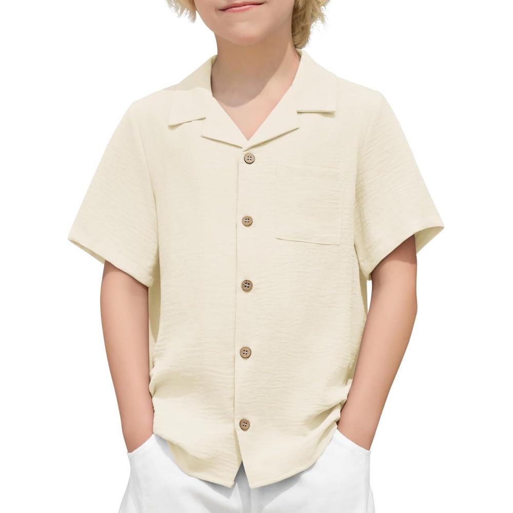 imageArshiner Boys Short Sleeve Button Down Shirt Texture Summer Beach Vacation Shirt 412 YearsBeige
