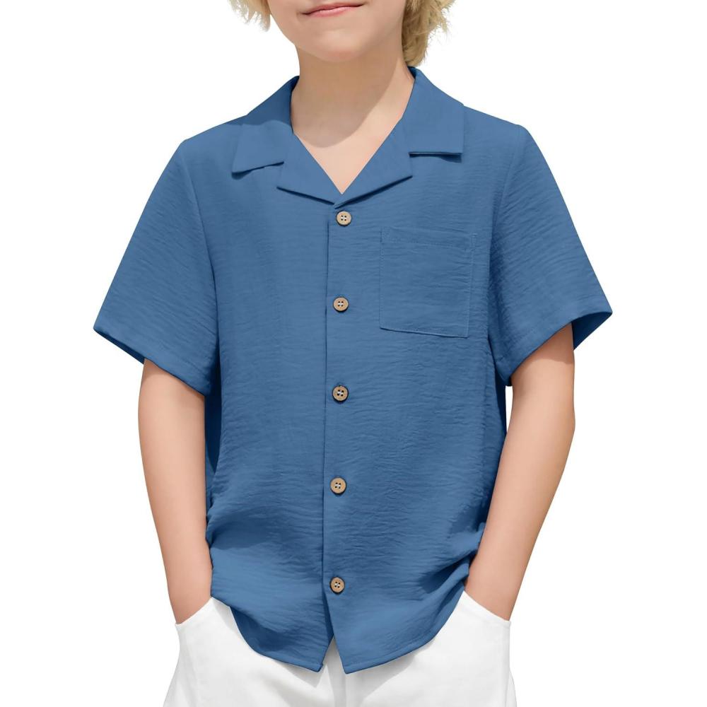 imageArshiner Boys Short Sleeve Button Down Shirt Texture Summer Beach Vacation Shirt 412 YearsDark Blue