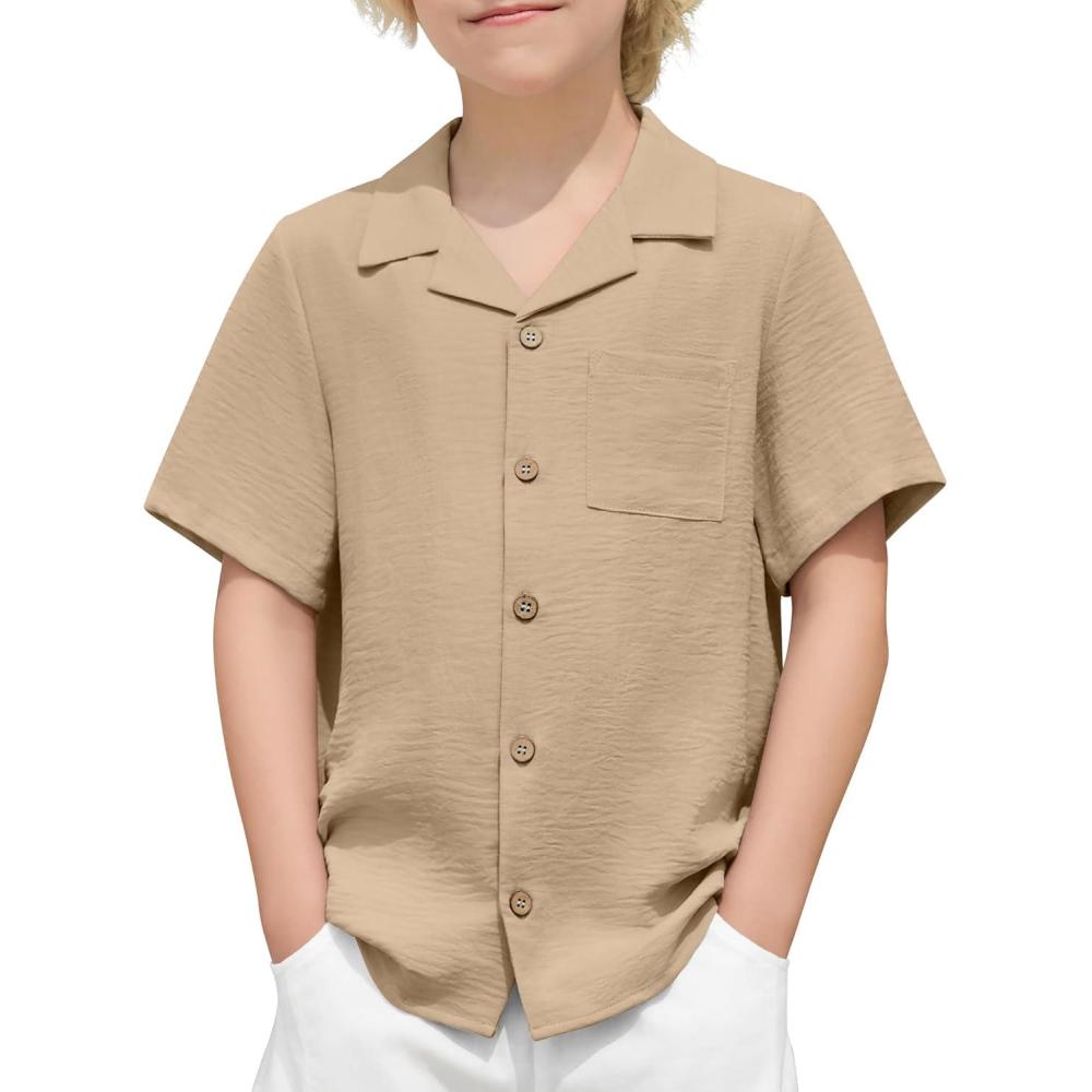 imageArshiner Boys Short Sleeve Button Down Shirt Texture Summer Beach Vacation Shirt 412 YearsKhaki